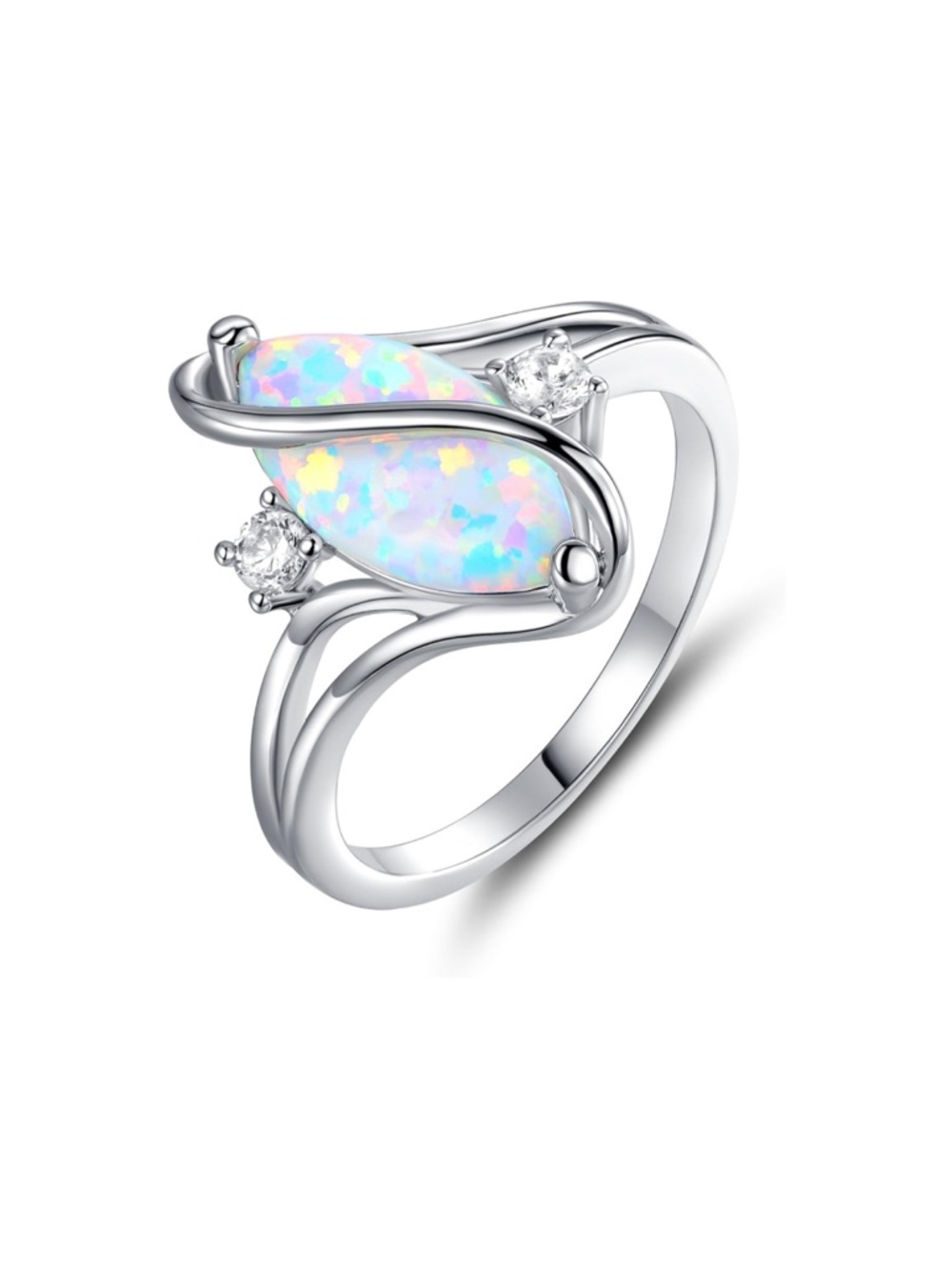 Silver White Gold Opal Ring with Diamond Accent Stones - Women Jewelry